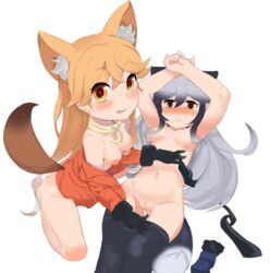 2girls animal_ears blush breasts ezo_red_fox_(kemono_friends) fox_ears fox_tail kemono_friends man0. multiple_girls nipples orange_hair pantyhose pussy silver_fox_(kemono_friends) silver_hair simple_background small_breasts smile tail white_background yellow_eyes yuri