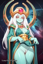 1girls ai_generated blue_body colored_skin dota_2 dress_lift galaxy gem genderswap_(mtf) jewelry necklace oracle pussy r63 seductive space standing white_hair