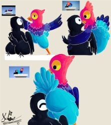 2024 anthro ass avian balls beak bent_over big_butt bird black_beak black_body black_eyes black_feathers black_tail black_tail_feathers black_wings blue_body blue_feathers blue_tail blue_tail_feathers cartoon_network closed_eyes digital_media_(artwork) duo eye_contact face_in_ass feathered_wings feathers genitals happy hi_res hug jotarofur kneeling looking_at_another looking_back male male/male multicolored_body multicolored_feathers orange_beak pink_body pink_feathers pose purple_body purple_feathers rear_view signature smile standing tail tail_feathers the_amazing_world_of_gumball thick_thighs three-quarter_view two_tone_tail two_tone_tail_feathers wings yellow_sclera