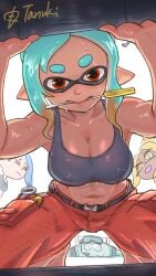 big_man_(splatoon) big_man_(splatoon_raiders) cleavage deep_cut_(splatoon) frye_(splatoon) frye_(splatoon_raiders) inkling mechanic_(splatoon_raiders) nintendo octoling repairing screwdriver shiver_(splatoon) shiver_(splatoon_raiders) splatoon splatoon_(series) splatoon_raiders sweat tank_top tanukichikushin tool twitter_link