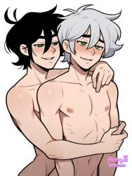 2boys abs ai_assisted ai_generated black_hair blush collarbone eyeshadow flirtzy.ai green_eyes grey_hair hair_between_eyes hug_from_behind komaeda_nagito male_focus multiple_boys navel nipples nude pectorals simple_background smile topless_male yaoi