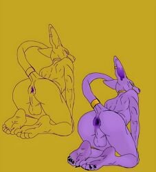 anthro anus backsack balls ballsack beerus claws detailed_feet domestic_cat dragon_ball dragon_ball_super ear_piercing feet felid feline felis genitals grinning_at_viewer hairless hairless_cat line_art male mammal muscular muscular_male nude piercing rear_view simple_background soles solo tail tbagbtw toe_claws