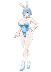 blue_hair bunnysuit chastity chastity_cage futa jesscatg large_breasts mom_(jesscatg) pink_eyes sissy sissyfication trans trans_woman transformation wide_hips