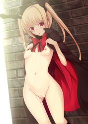 blazblue blonde_hair breasts censored daiaru exhibitionism female highres long_hair naked_cape nipples pussy pussy_juice rachel_alucard red_eyes small_breasts solo tied_hair twintails