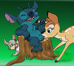 anthro bambi_(film) crossover cub disney experiment_(species) faline feral furry gay lilo_and_stitch male male_only multiple_males oral penis stitch tagme testicles thumper