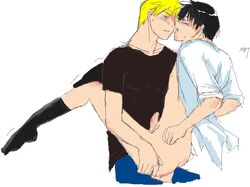 2boys artist_request black_hair black_hair_bottom blonde_hair blonde_hair_on_black_hair blonde_hair_top domination fullmetal_alchemist gay human jean_havoc light_hair_on_dark_hair male male/male male_only multiple_males roy_mustang tagme yaoi