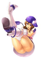 ai_(snk) akamaru ass baseball_cap blue_eyes blush boots brown_hair dress gloves hat knee_boots long_hair looking_at_viewer lying neo_geo_battle_coliseum neo_geo_pocket_color on_back panties panty_pull pussy short_dress smile snk solo suzuneko thighs uncensored underwear white_panties
