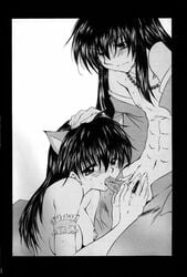 artist_request breasts comic fellatio higurashi_kagome inuyasha inuyasha_(character) kagome_higurashi monochrome nipples oral penis saliva