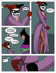 1boy 1girls batman batman:_the_animated_series batman_(series) comic dc_comics dcau dialogue female fool_me_once great_scott harley_quinn harley_quinn_(classic) male robe sharpie_(artist) speech_bubble stockings the_new_batman_adventures undressing