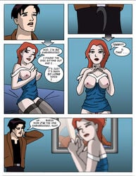 1boy 1girls batman_(series) batman_beyond breasts bulge comic dc_comics dcau dialogue female forbidden_affairs_2 male mary_mcginnis milf mother_and_son nipples red_hair sharpie_(artist) speech_bubble stockings terry_mcginnis