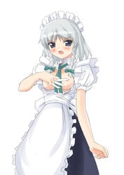 between_fingers braid date_(artist) female female_only human knife nipples open_clothes open_shirt sakuya_izayoi shirt solo touhou twin_braids