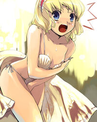 accidental_exposure alice_margatroid bikini bikini_malfunction blonde_hair blue_eyes blush breasts cleavage color covering covering_crotch embarrassed enf female female_only hairband human kfc open_eyes open_mouth seashell_bra shell shell_bikini short_hair solo standing strap_slip surprised sweat sweatdrop swimsuit touhou undressing yuu_(kfc)