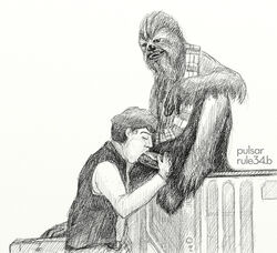 2boys a_new_hope bandolier black_and_white cheek_bulge chewbacca closed_eyes cock_hungry erection fellatio furry gay han_solo holding_penis interspecies legs_apart lucasfilm mouthful oral pulsar source_request star_wars stretched_mouth sucking tagme thick_penis veiny_penis wookiee year_request