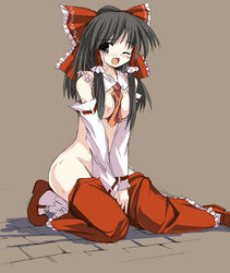 blush bow breast_squeeze breasts detached_sleeves female female_only hairbow human japanese_clothes legs_folded miko no_bra no_panties nude reimu_hakurei seo_tatsuya solo touhou wink