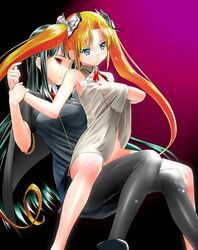 2girls black_hair blonde_hair blue_eyes breast_grab breasts dress female female_only hand_under_clothes hand_under_shirt human incest kuonji_miyu kuonji_shinra legwear long_hair mak miyu_kuonji multiple_females no_panties pantyhose red_eyes ribbon shinra_kuonji siblings sister sisters they_are_my_noble_masters tied_hair twintails yuri