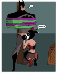 1boy 1girls ass batman batman:_the_animated_series batman_(series) blowjob comic dc_comics dcau dialogue fellatio female femdom fool_me_once great_scott harley_quinn harley_quinn_(classic) kneeling lingerie male oral see-through_clothing sharpie_(artist) speech_bubble stockings straight the_new_batman_adventures tied_up