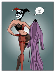 1girls batman:_the_animated_series batman_(series) breasts comic dc_comics dcau dialogue female female_only fool_me_once great_scott harley_quinn harley_quinn_(classic) lingerie nipples see-through_clothing sharpie_(artist) solo speech_bubble stockings the_new_batman_adventures visible_nipples