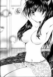 armpit arms_up artist_request breasts comic female higurashi_kagome inuyasha kagome_higurashi monochrome nipples solo topless wink