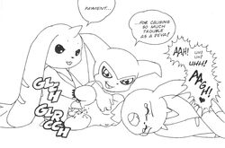 dialogue digimon female first_time fur furball furry impmon interspecies line_art lopmon male monochrome multiple_males sex speech_bubble straight terriermon text vaginal_penetration