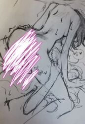 2girls ass_grab bronya_zaychik censored chinese_text completely_nude cunnilingus facesitting heart honkai_impact_3rd kneeling leg_grab long_hair mie_xing multiple_girls on_back on_knees oral oral_sex pencil_(artwork) pencil_sketch seele_vollerei short_hair sketch small_breasts speech_bubble tremble_lines trembling unfinished yuri
