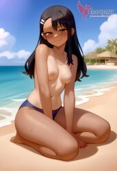 1girls 2d ai_generated areolae ass back bare_shoulders beach big_ass bikini bikini_pull black_hair blue_bikini blue_eyes breasts brown_eyes competition_swimsuit dark_skin dark_skinned_female day erophoenix female female_focus full_body hairclip hayase_nagatoro jewelry long_hair looking_at_viewer ocean one-piece_swimsuit one-piece_tan outdoors patreon_username please_don't_bully_me,_nagatoro sitting skin_fang sky small_breasts smile solo swimsuit tan tan_body tan_lines tanline thick thick_thighs uncensored