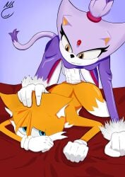 1boy 1futa 1girls 2d 2d_(artwork) 2d_artwork anal anal_sex anal_sex bed bedroom blaze_the_cat cat_ears cat_humanoid cat_tail doggy_style female fox fox_boy fox_ears fox_humanoid fox_tail futa_on_male futa_with_femboy futanari hand_on_another's_head huge_cock laying_down nekojaanai prone_bone sex sonic_the_hedgehog_(series) tails_the_fox veiny_penis