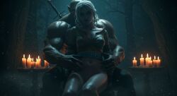 ai_assisted ai_generated bare_legs ciri cirilla_fiona_elen_riannon cowgirl_position grinding legs leshay7 masculine_male on_lap orc orc_male reverse_cowgirl_position the_witcher_(series) the_witcher_3:_wild_hunt white_hair