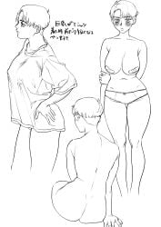 ass bandaids_on_nipples big_breasts blush embarrassed facial_scar female female_only gegege_no_kitarou genderswap_(mtf) kitarou_tanjou_gegege_no_nazo looking_at_viewer mizuki_(gegege_no_kitarou) monochrome nude oversized_shirt panties rule_63 scar scar_across_eye short_hair solo t-shirt thick_thighs tokume_mumei tomboy topless topless_female very_short_hair wide_hips