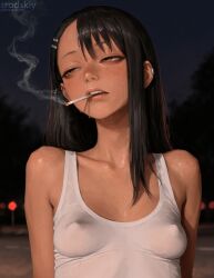 1girls ai_generated black_hair cigarette cigarette_in_mouth cigarette_smoke cowboy_shot cute dark_skin female half-closed_eyes hayase_nagatoro hentai looking_away mature_female nagatoro_hayase nipples_visible_through_clothing perky_breasts petite petite_body please_don't_bully_me,_nagatoro schoolgirl small_breasts smoking srodskiy tagme teenage_girl teenager vulgar young