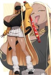 1girls animal_print arm_up artist_name baseball_bat big_breasts black_mask black_shirt black_shoes blonde_hair border bow bowtie bra bra_peek breasts cardigan cleavage collared_shirt commentary_request contrapposto dark-skinned_female dark_skin dark_skinned_female diagonal-striped_background earrings eyeshadow fingernails forked_tongue full_body gal ganguro gluteal_fold grey_skirt gyaru gyaru_gal half-closed_eyes high-waist_skirt highres holding holding_baseball_bat huge_breasts jewelry kogal kuro_gyaru large_breasts leopard_print leopard_print_bra leopard_print_panties long_fingernails long_hair long_sidelocks looking_at_viewer loose_socks makeup mask microskirt mouth_mask off_shoulder open_collar open_mouth oppai original partially_unbuttoned pink_eyeshadow pleated_skirt school_uniform scrunchie shiny_skin shirt shoes sidelocks skirt socks solo standing striped_background sweat taut_clothes taut_shirt teeth thighs tongue tongue_out toudori underwear upper_teeth_only very_long_hair very_long_sidelocks voluptuous voluptuous_female white_border wrist_scrunchie yellow_background yellow_bow yellow_bowtie yellow_bra yellow_cardigan yellow_eyes yellow_nails zoom_layer