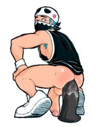 anal ass black_hair hat penis solo squatting tattoo