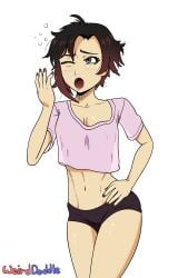 abs baggy_shirt belly_button booty_shorts gradient_hair hands_on_hips messy_hair navel painted_nails ruby_rose rwby short_hair shorts silver_eyes toned toned_female toned_stomach weirddoddle yawn yawning