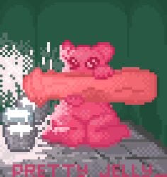 animated big_penis bodily_fluids cum digital_media_(artwork) duo excessive_cum excessive_genital_fluids food genital_fluids genitals glory_hole goo_creature jelly_(food) penis pixel_(artwork) slime