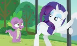 ass blue_hair cum cutie_mark dragon ejaculation equine friendship_is_magic green_eyes hair half-closed_eyes horn mammal masturbation my_little_pony open_mouth penis pole porygon2z presenting purple_skin rarity_(mlp) seductive smooth_skin spike_(mlp) spines sweat tongue tongue_out tree unicorn