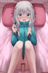 1boy 1girls animated aqua_eyes bar_censor bed_sheet bottomless censored clothed_sex eromanga_sensei female hairbow izumi_sagiri jacket looking_at_viewer missionary motion_tweening on_back on_bed pillow pink_bow pov pussy sex silver_hair straddling stylus vaginal_penetration zen33n zen_o_(zen33n)