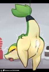 anthro anus biped bodily_fluids brown_eyes cum cum_in_vagina cum_inside female fingers game_freak generation_5_pokemon genital_fluids green_body hi_res leaking_cum multicolored_body nintendo nude nude_anthro nude_female pokemon pokemon_(species) pupils snivy solo tears teeth text tofuuu tongue tongue_out url yellow_body