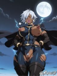 african_female ai_generated big_breasts bonfen291 cape closed_eyes crescent_earrings dark-skinned_female electricity exhausted exposed_pussy female female_pubic_hair flying hair_over_one_eye hands_on_hips huge_nipples marvel marvel_comics midair moon night one_breast_out open_mouth ororo_munroe purple_lips pussy self_upload short_hair sky solo storm_(x-men) superhero_costume superheroine thick_thighs toned_female torn_bodysuit torn_clothes white_hair x-men x-men_(2011)