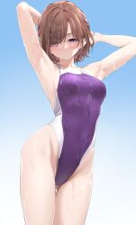 armpits arms_up ass_visible_through_thighs bare_arms bare_legs bare_shoulders bare_thighs blush breasts brown_hair closed_mouth collarbone highleg_swimsuit higuchi_madoka idolmaster idolmaster_shiny_colors medium_breasts mole mole_under_eye one-piece_swimsuit purple_eyes purple_one-piece_swimsuit short_hair swimsuit thighs wet_body wet_hair yd_(orange_maru)