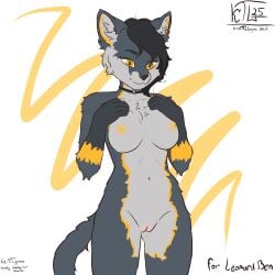 2024 anthro big_breasts black_nose breasts choker digital_media_(artwork) domestic_cat english_text felid feline felis female fur genitals grey_body grey_hair hair hand_on_breast hi_res jewelry kristhelynx looking_at_viewer mammal multicolored_body multicolored_fur necklace nipples nude simple_background smile tail text yellow_eyes yellow_nipples