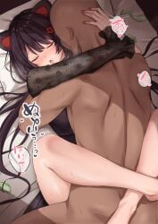 1boy :o absurdres animal_ears black_dress blush brown_hair clothed_sex commentary_request condom dog_ears dress ekibyoudayo faceless faceless_male female hand_on_another's_head happy_sex highres hug inui_toko inui_toko_(5th_costume) lace_sleeves leg_lock long_hair low_twintails male missionary nijisanji official_alternate_costume on_bed open_mouth paid_reward_available see-through_clothes see-through_sleeves sex solo_focus straight swept_bangs twintails used_condom very_long_hair virtual_youtuber