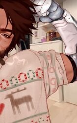 baiting bionic_arm cassidy cassidy_(overwatch) clothed cole_cassidy flex flexing flexing_arms flexing_bicep male male_only mccree overwatch overwatch_2 smoking sweater