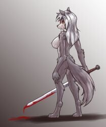anthro ass big_breasts blood blood_on_face bodily_fluids breasts canid canine canis crying digitigrade female fur gndthr323 gradient_background grey_body grey_fur grey_hair hair hi_res kiruss mammal nude nude_anthro nude_female orange_eyes shadow simple_background solo tail tears thescornfulreptilian wolf