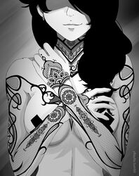 black_hair cinder_fall earrings eyes_hidden greyscale medium_breasts rwby smile tape taped_nipples tattoo y8ay8a yaya_(y8ay8a)