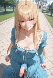 1futa ai_generated balls blonde_hair blue_dress blue_eyes dress erection from_above futa_only futanari high-angle_view hime_cut hime_girl_(jamesbron) intersex jamesbron looking_at_viewer no_panties outdoors park penis penis_under_dress small_breasts smile smug solo solo_futa standing wide_hips