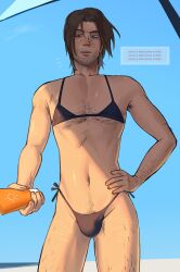 1boy 5_o'clock_shadow beach bikini bikini_bulge body_hair brown_hair chest_hair colored crossdressing faded_scars hand_on_hip happy_trail hi_res in_shade jimmy_(mouthwashing) looking_down male_in_bikini mouthwashing offscreen_character self_harm_scars skinny skinny_male small_bikini stubble sunscreen twink umbrella zzoupz