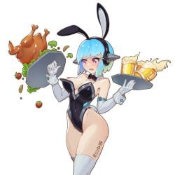 alcohol animal_ears bare_shoulders blue_hair blush bow bowtie breasts bunny_ears bunny_tail bunnysuit cleavage detached_collar elbow_gloves fake_animal_ears female food gloves holding leotard short_hair solo tail thighhighs tray white_gloves white_legwear