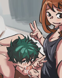 1boy 1girls cum_in_mouth fellatio female freckles futa_on_male futanari izuku_midoriya my_hero_academia ochako_uraraka oral peace_sign raitaroo selfie selfie_fellatio