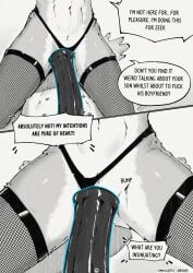 adiyah_(arcsuh) animal_genitalia animal_penis anthro arcsuh black_and_white canid canine claws clothing comic dialogue digital_media_(artwork) duo english_text equid equine equine_genitalia equine_penis erection female fishnet_clothing fishnet_legwear fur genitals hi_res hybrid legwear lynn_(arcsuh) male male/female mammal monochrome nipples nude penis procyonid raccoon simple_background speech_bubble text thong underwear white_background zebra