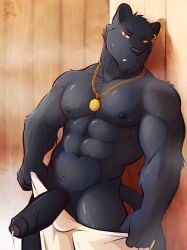 3:4 abs anthro black_body black_fur black_penis burrows_(captain_nikko) ear_piercing ear_ring erection felid foreskin fur genitals gold_(metal) gold_jewelry hi_res humanoid_genitalia humanoid_penis jaguar jewelry ken_(captain_nikko) looking_at_viewer male mammal melanistic muscular muscular_male necklace nipples nude pantherine pecs penis piercing ring_piercing solo steam tail towel ventkazemaru