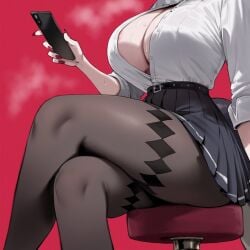1girls ai_assisted ai_generated areolae big_breasts black_skirt breasts brown_pantyhose cleavage crossed_legs ellen_joe female fish_tail pantyhose phone shark_girl shark_tail shirt simple_background sitting skirt sweat thick_thighs thighs truck-kun_art white_shirt zenless_zone_zero